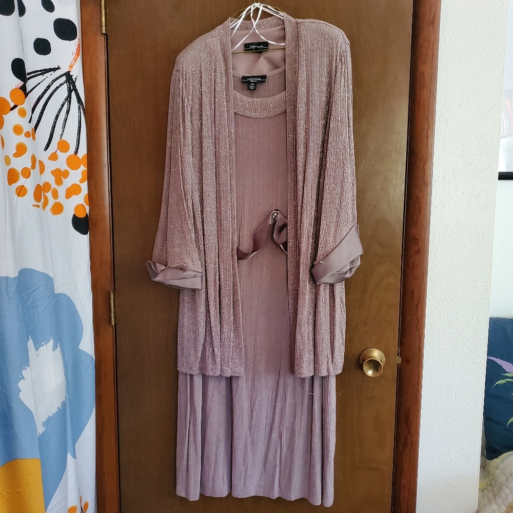 R&M Richards Shimmery Pleated Dress w/ Overlayer and Belt Accents